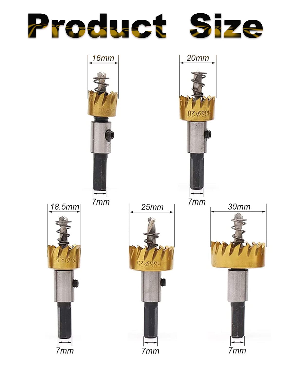 Verilux® Gold 5 Pcs Stainless Steel,Metal Alloy High Speed Hole Saw Drilling Tools Bit Set for Metal Sheet, Wood Piece, Plastic 16mm, 18mm, 20mm, 25mm, 30mm Verilux® Gold 5 Pcs Stainless Steel,Metal Alloy High Speed Hole Saw Drilling Tools Bit Set for Metal Sheet, Wood Piece, Plastic 16mm, 18mm, 20mm, 25mm, 30mm